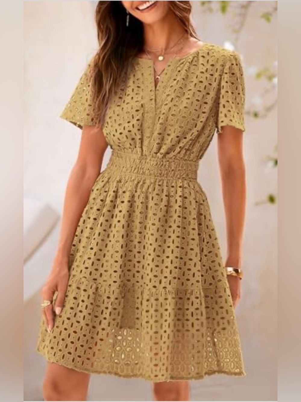 Eyelet V-Neck Short Sleeve Dress in Dark Khaki/Mustard